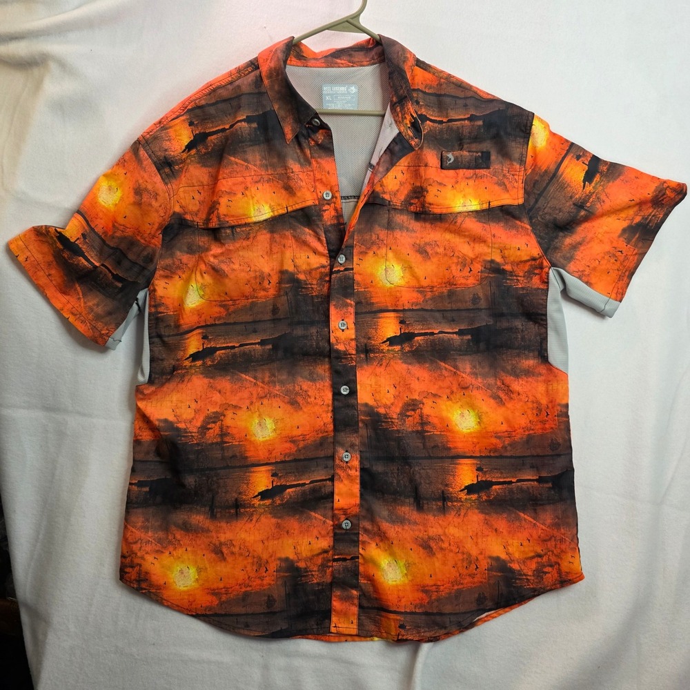 Reel Legends Mariner Fishing Shirt Mens XL Orange Sunset Graphic Short Sleeve